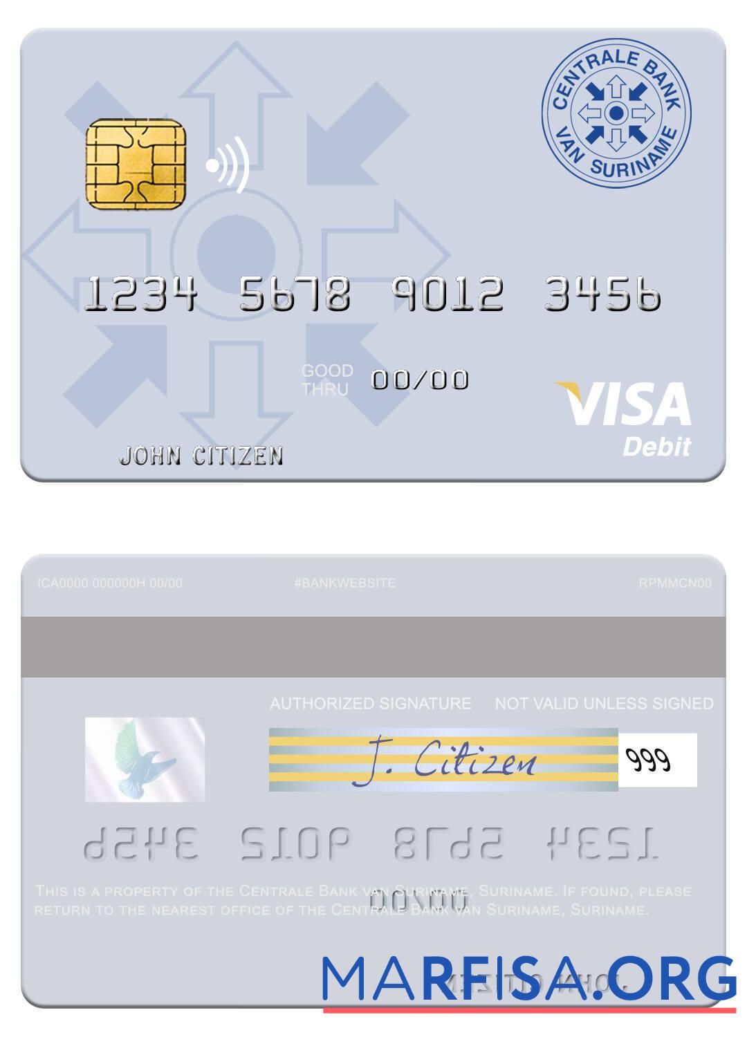 Downloadable Suriname Centrale Bank van Suriname visa debit card real example
